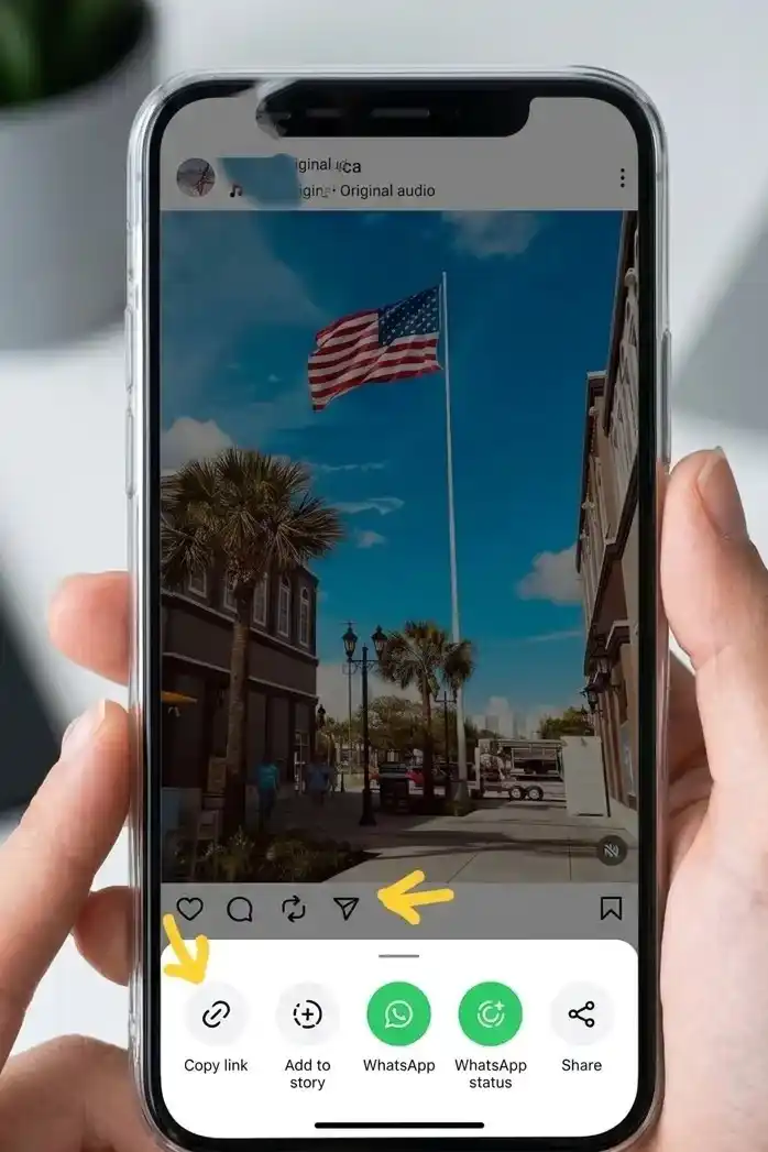 Step 1 — iPhone showing Instagram post share menu with Copy Link option highlighted