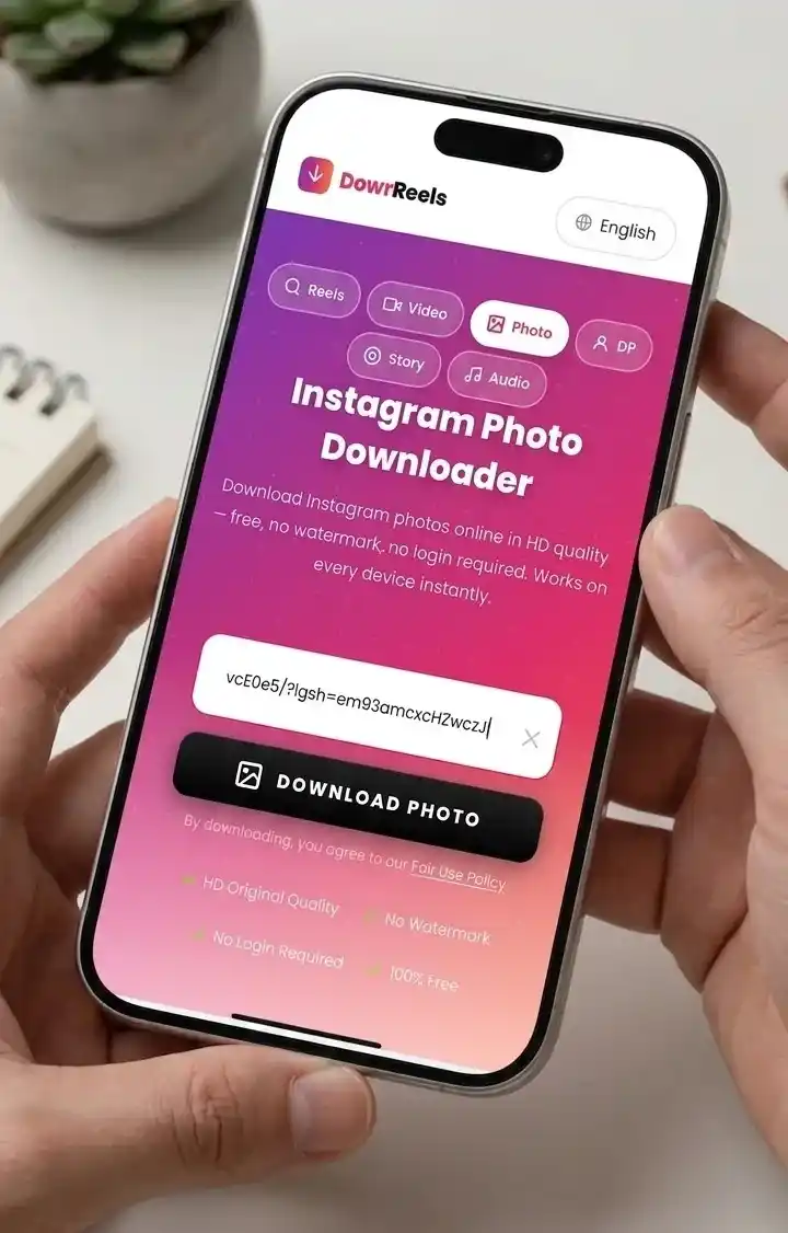 Step 2 — Hands holding iPhone showing DownReels photo downloader with Instagram link pasted
