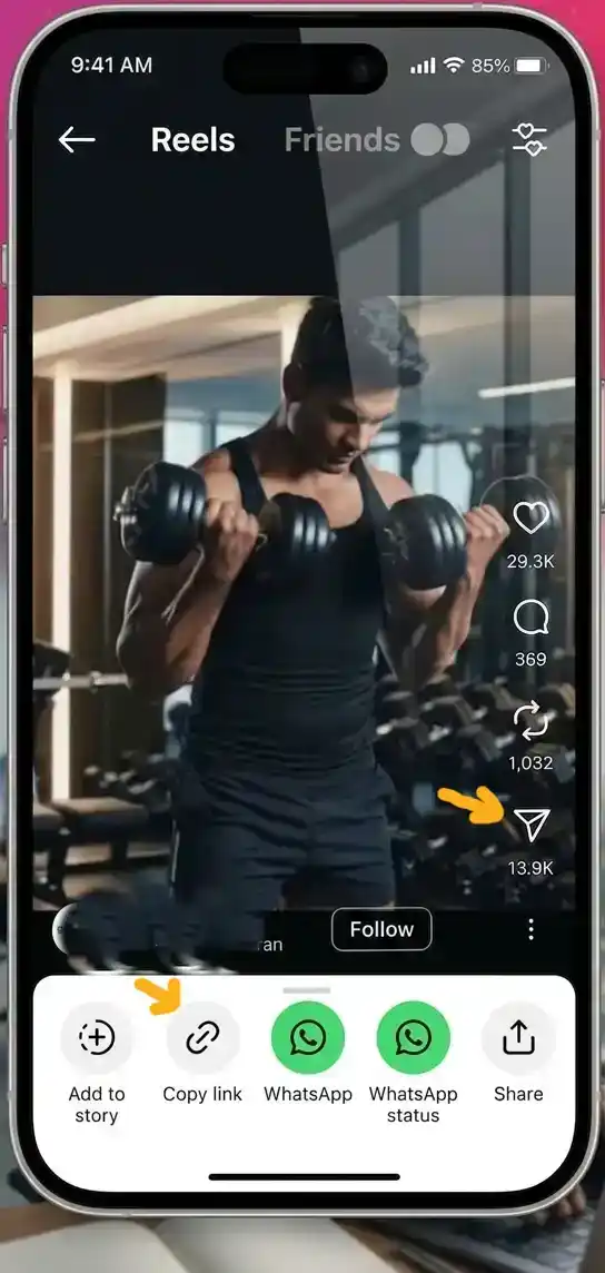 Step 1 — iPhone showing Instagram app with share menu open to copy Reel link