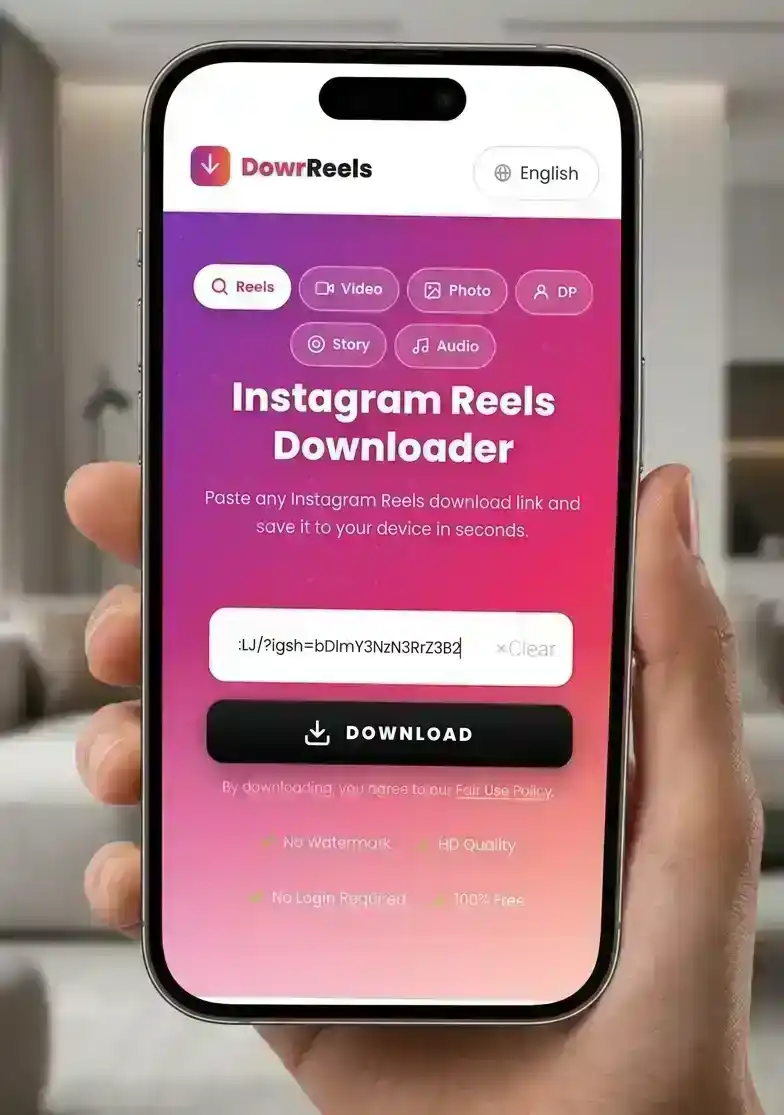 Step 2 — Phone screen showing Instagram Reel URL pasted into DownReels downloader