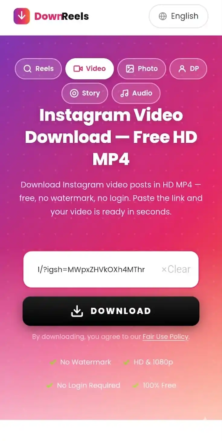 Step 2 — Phone screen showing Instagram video link pasted into DownReels input box