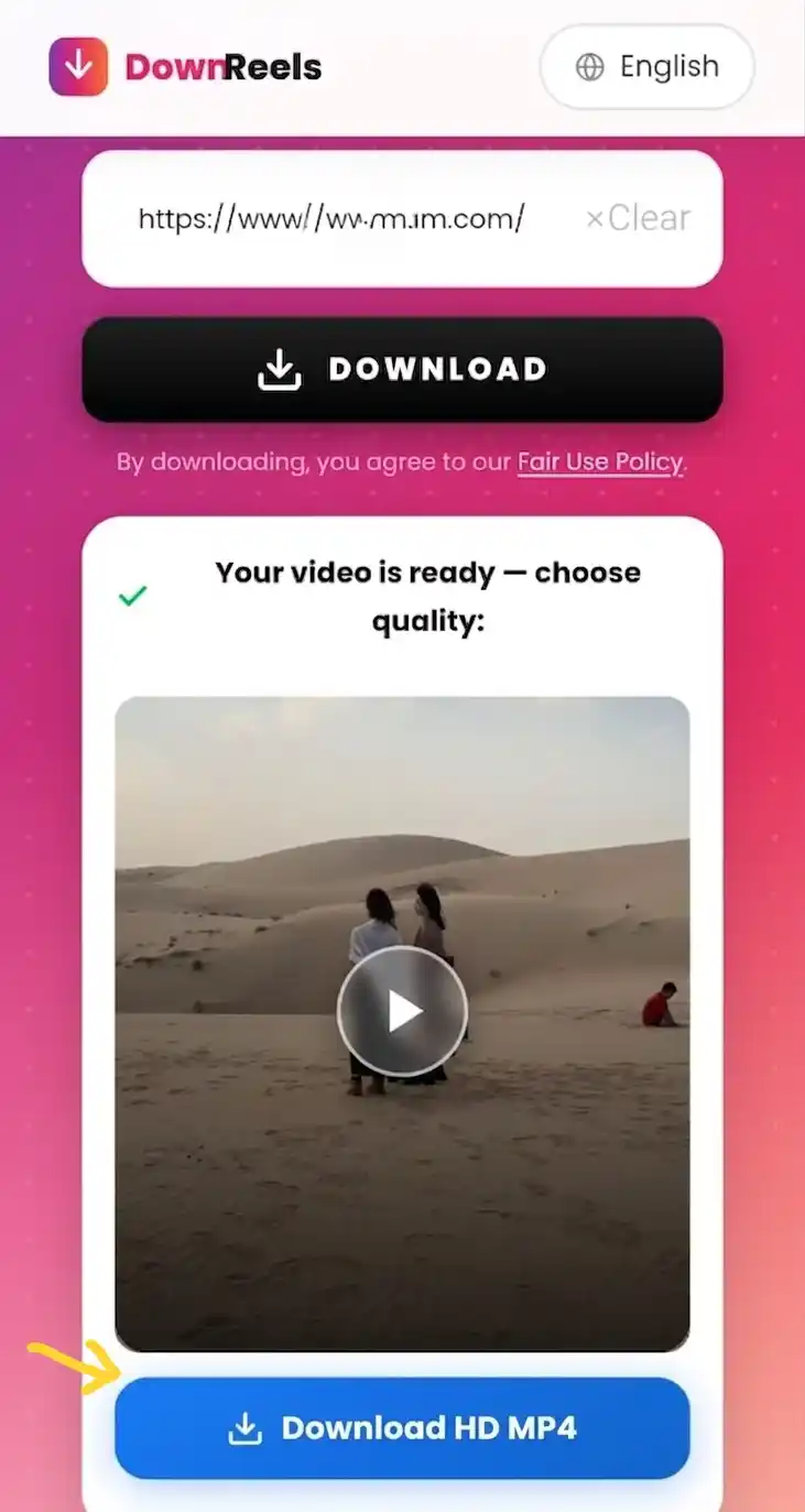Step 3 — Mobile screen showing Download HD MP4 button to save Instagram video